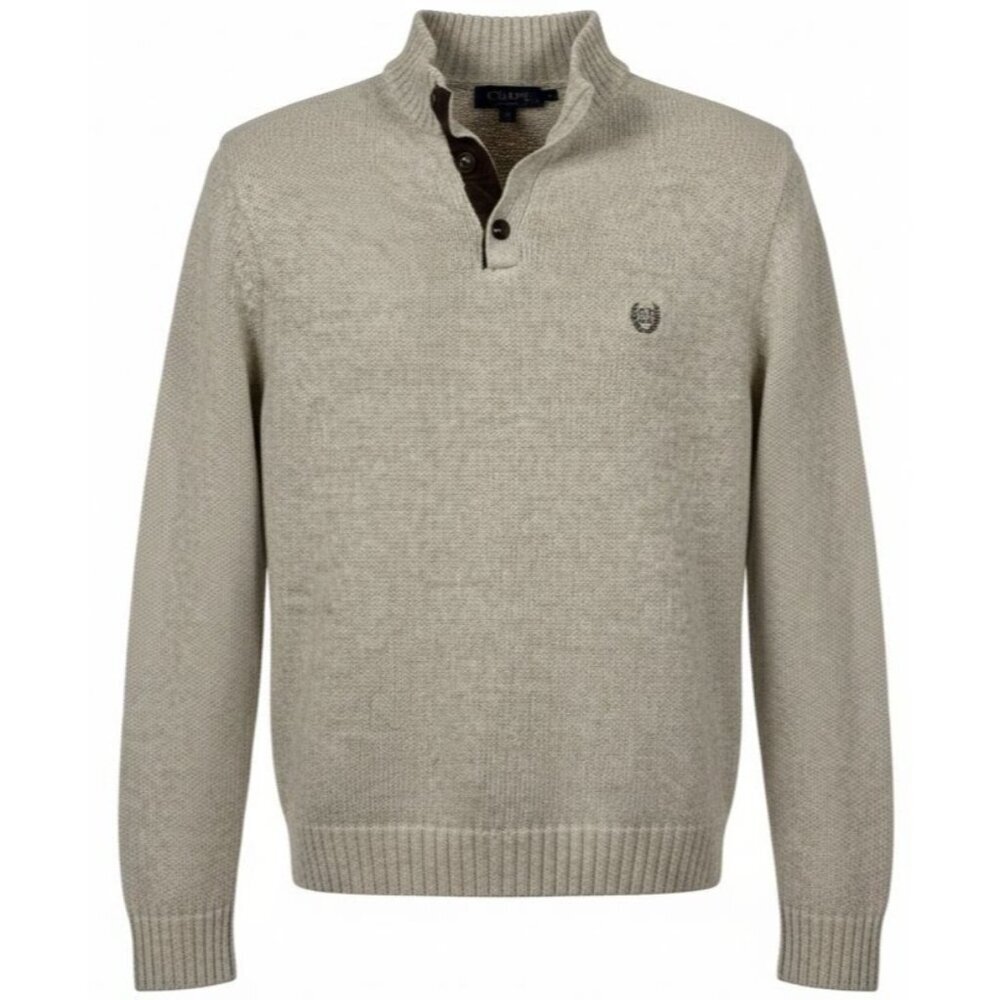 Chaps Mens Size Large Quarter Button Mock Neck Cotton Sweater Elbow Patches Tan